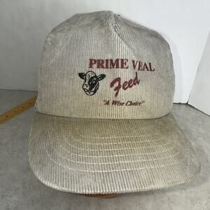 Vtg Prime veal feed hat Adjustable Snapback Farmer Farming Corduroy Mesh Cap Cow